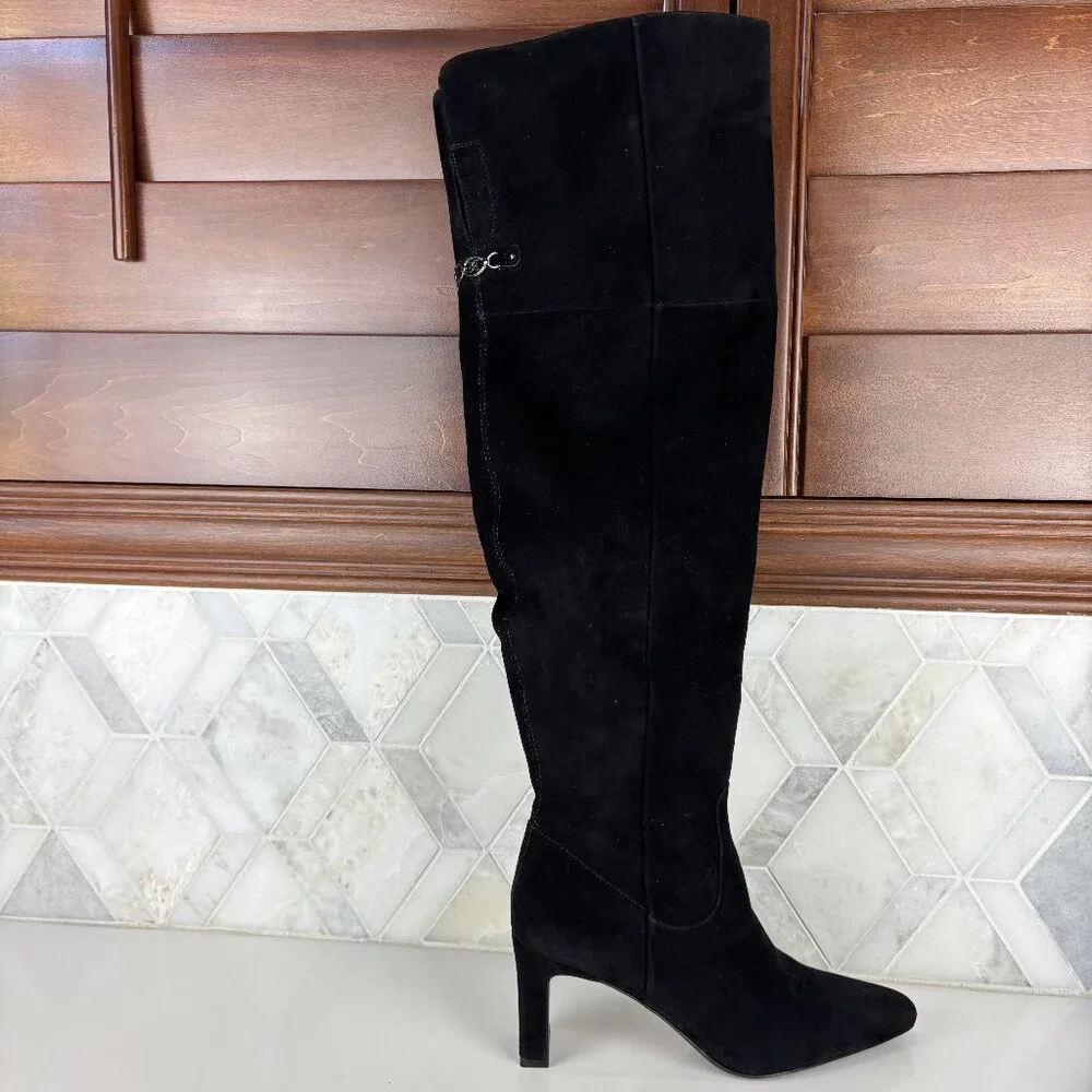 8.5 Wide Calf Black Suede Leather Tall Boot Over The Knee Zip Block Heel Shea